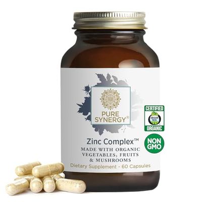 PURE SYNERGY Zinc Complex Immune Support Supplement Natural, Vegan Zinc Complex with Vitamin C and Organic Whole Foods for Immune, Brain, and Skin Health (60 Capsules)