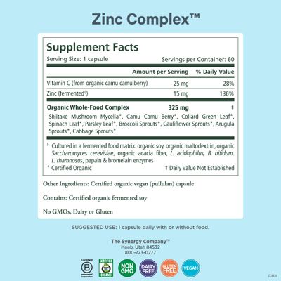 PURE SYNERGY Zinc Complex Immune Support Supplement Natural, Vegan Zinc Complex with Vitamin C and Organic Whole Foods for Immune, Brain, and Skin Health (60 Capsules)