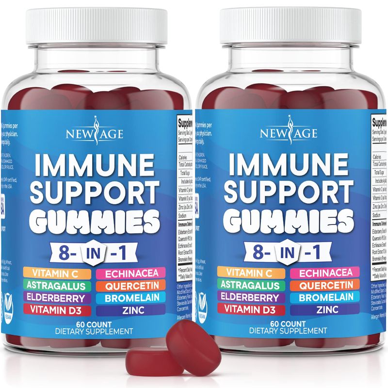 NEW AGE 8 in 1 Immune Support Booster Supplement with Astragalus Root, Vitamin C and Zinc 50mg, Vitamin D 5000 IU, Quercetin Bromelain (8 in 1 Gummies (Pack of 2))