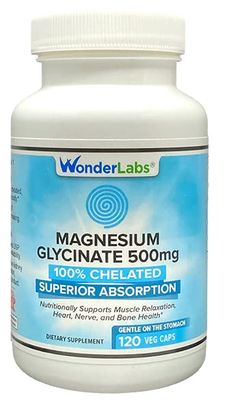 Wonder Laboratories Magnesium Glycinate 500mg, 100 Chelated for Superior Absorption, Non-GMO, NO Gluten Dairy Soy, Supports Muscle, Joint, and Heart Health (120)