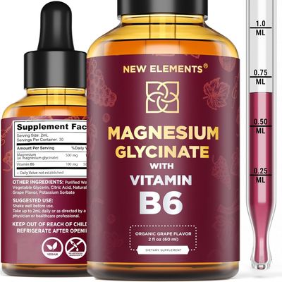 Liquid Magnesium Glycinate Drops with Vitamin B6 - Magnesium Supplement 500mg Vitamin B6 100mg Non-GMO No Gluten Stress Relief Sleep Relaxation Muscle Heart Support Natural Vegan