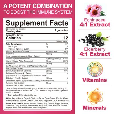 Vitamin C D3 Zinc Gummies for Adults wEchinacea, Elderberry, Selenium, Magnesium Vitamin D3 5000IU, Daily Immunity Booster Multivitamin Gummies, for Immunity Antioxidant Bone Energy Vegan 2 Pack