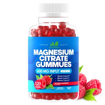 Magnesium Citrate 600mg Gummies (120 Count) - Maximum Strength Stress Relief, Bone Support, Heart Support - Gluten-Free, Non-GMO, Vegetarian, Great Tasting Raspberry Flavor - 60 Servings