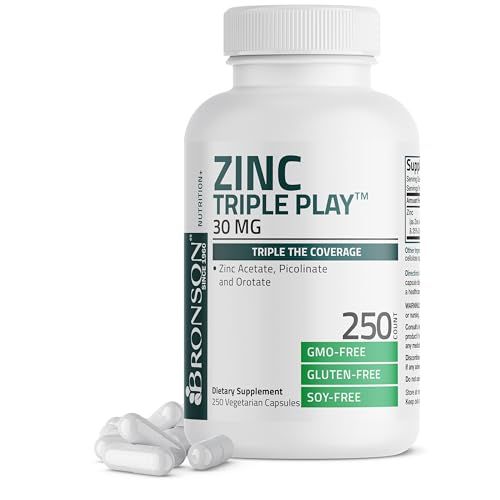 Bronson Zinc Triple Play 30 mg Triple Coverage Immune Support Zinc Supplement with Zinc Acetate, Picolinate Orotate - Immune, Antioxidant Skin Health Support - 250 Vegetarian Capsules