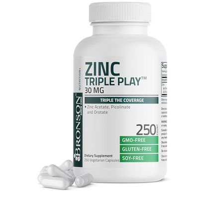 Bronson Zinc Triple Play 30 mg Triple Coverage Immune Support Zinc Supplement with Zinc Acetate, Picolinate Orotate - Immune, Antioxidant Skin Health Support - 250 Vegetarian Capsules