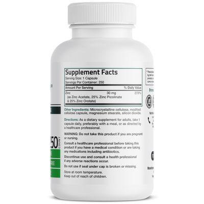 Bronson Zinc Triple Play 30 mg Triple Coverage Immune Support Zinc Supplement with Zinc Acetate, Picolinate Orotate - Immune, Antioxidant Skin Health Support - 250 Vegetarian Capsules