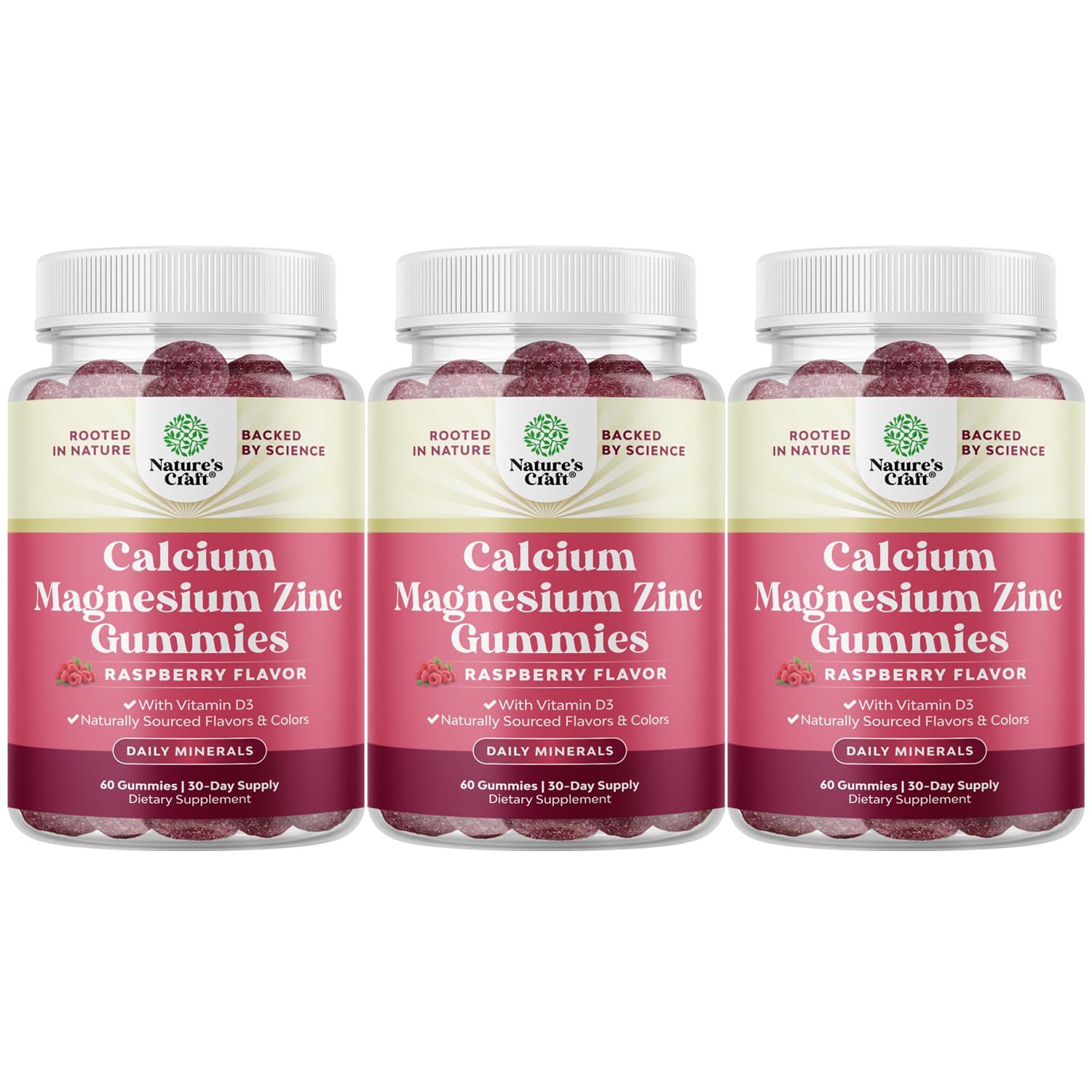 Calcium Magnesium Zinc Gummies - Magnesium Zinc Calcium Supplement Gummies with Vitamin D3 for Teeth and Bone Health - Certified Kosher Non-GMO Gelatin Free Vegetarian Friendly (3 Month Supply)