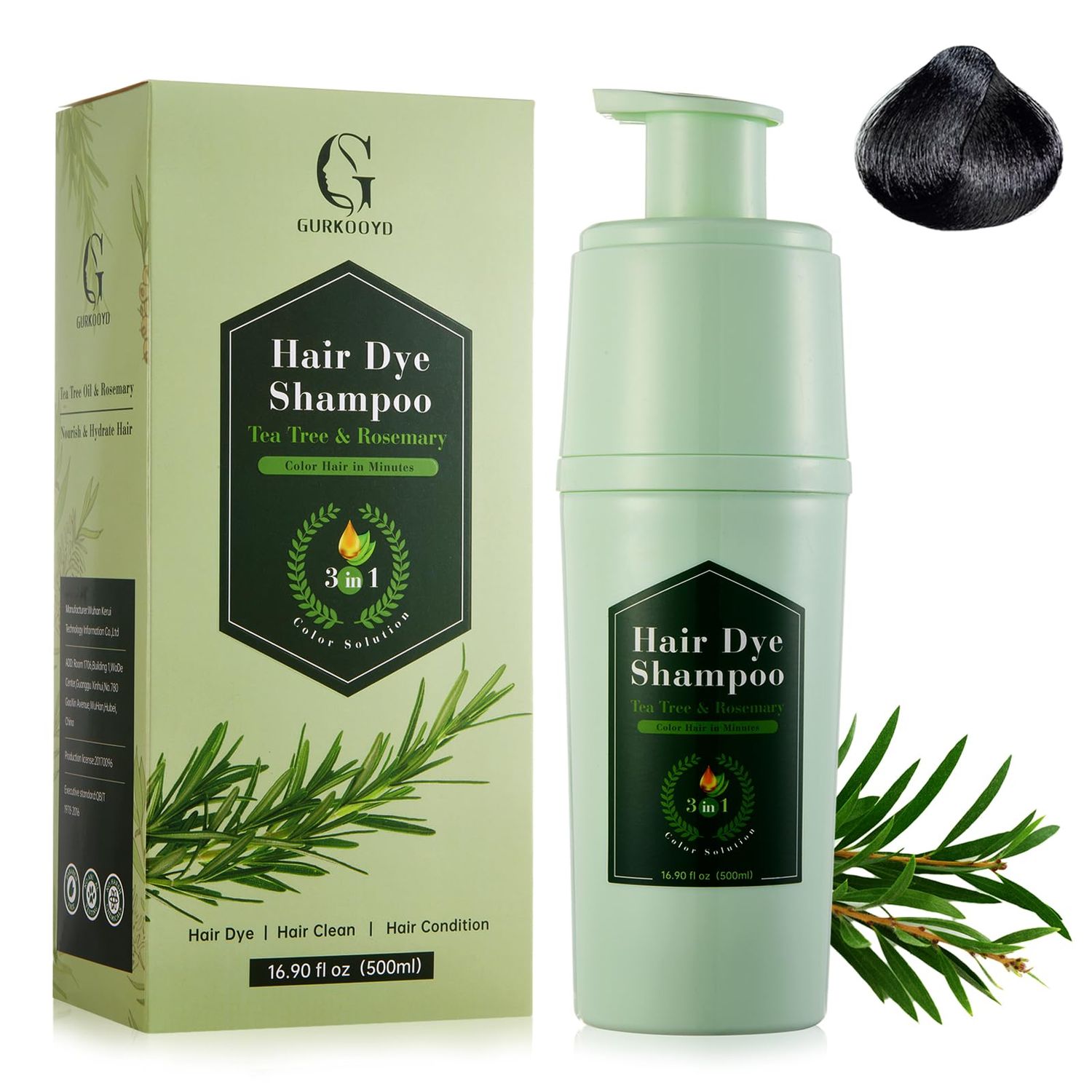 GURKOOYD Black Hair Dye Shampoo 3 in 1, Hair Color Shampoo for Gray Hair, Tea Tree Rosemary Black Hair Shampoo, Champu Para Canas, Gentle and Effective, Colors in Minutes, 16.90 Fl Oz