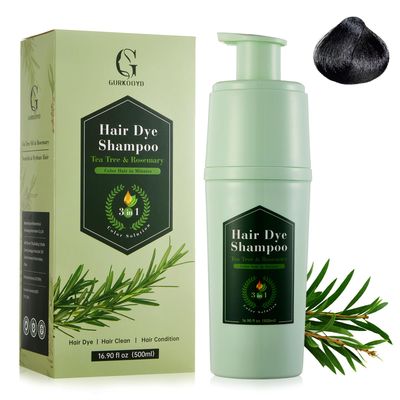 GURKOOYD Black Hair Dye Shampoo 3 in 1, Hair Color Shampoo for Gray Hair, Tea Tree Rosemary Black Hair Shampoo, Champu Para Canas, Gentle and Effective, Colors in Minutes, 16.90 Fl Oz
