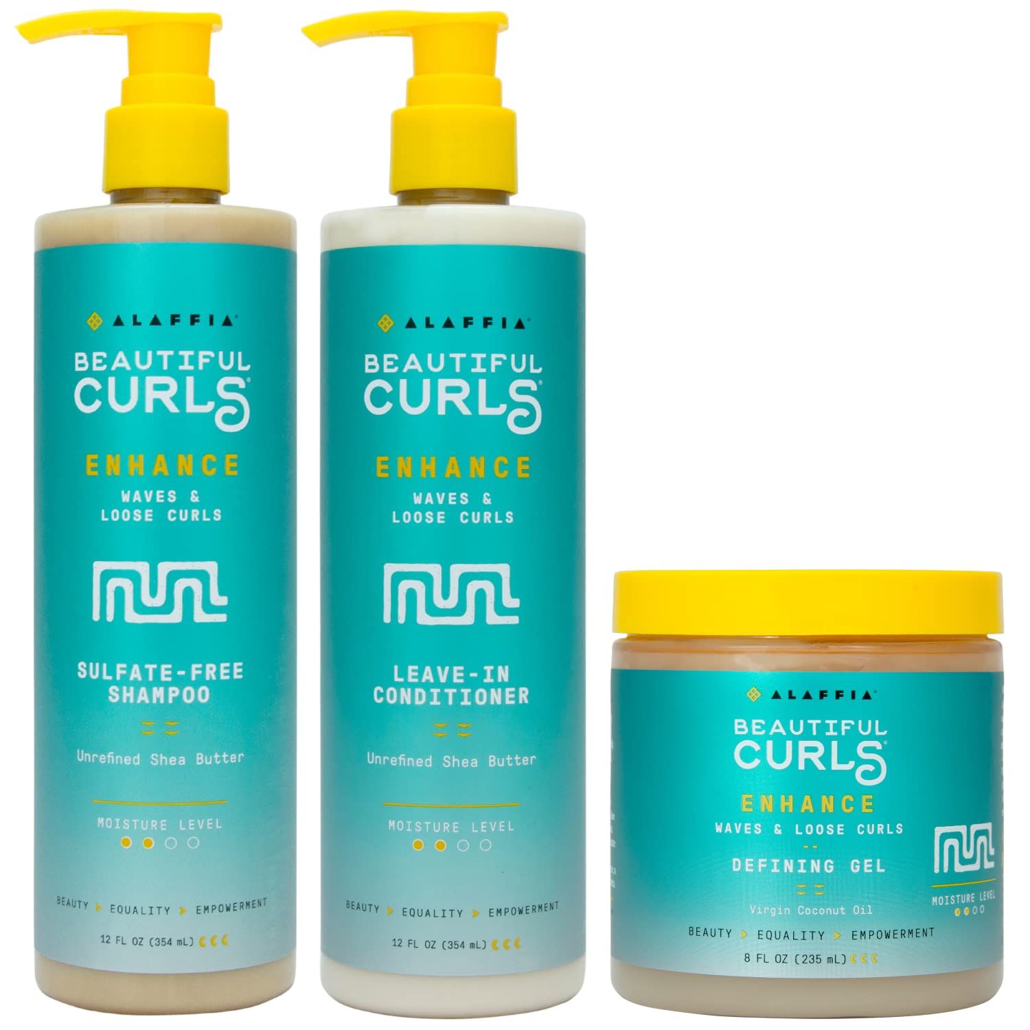 Alaffia Beautiful Curls Curly Hair Shampoo Leave in Conditioner 12-Oz Ea and Defining Gel 8-Oz Set