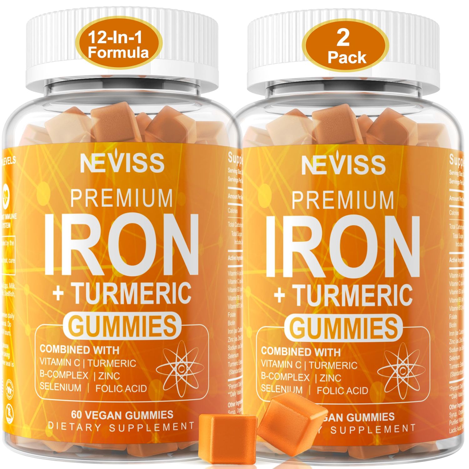 Iron Gummies Turmeric 600mg for Women Men, Iron Supplement with Multivitamins C, A, B-Complex, Folate, Zinc for Iron Deficiency, Anemia and Energy, Gentle, Non-Constipating, Chewable, Vegan, 2 Pack