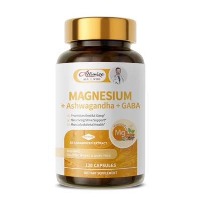 Alliwise Magnesium Supplement Ashwagandha GABA, Magneium Glycinate, Taurate, Malate Complex for Clam Sleep, Muscles Recovery, Nerves, Energy Support, High Absorption Vegan, Non-GMO - 120 ct