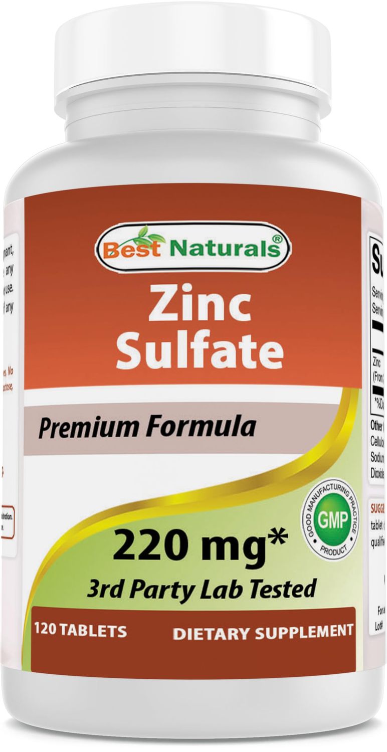 Best Naturals Zinc Sulfate 220 mg 120 Tablets - 3rd Party Lab Tested - Made in The USA - Gluten Free Non-GMO