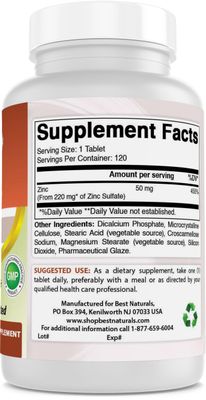 Best Naturals Zinc Sulfate 220 mg 120 Tablets - 3rd Party Lab Tested - Made in The USA - Gluten Free Non-GMO