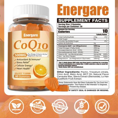Energare 2 Pack CoQ10 500MG Gummies - 3X Better Absorption Coenzyme Q10 Supplements - Plus Omega-3, Magnesium, Vitamin B3 Zinc for Heart Health, Cellular Energy Antioxidant, Vegan, Non-GMO 120 Ct