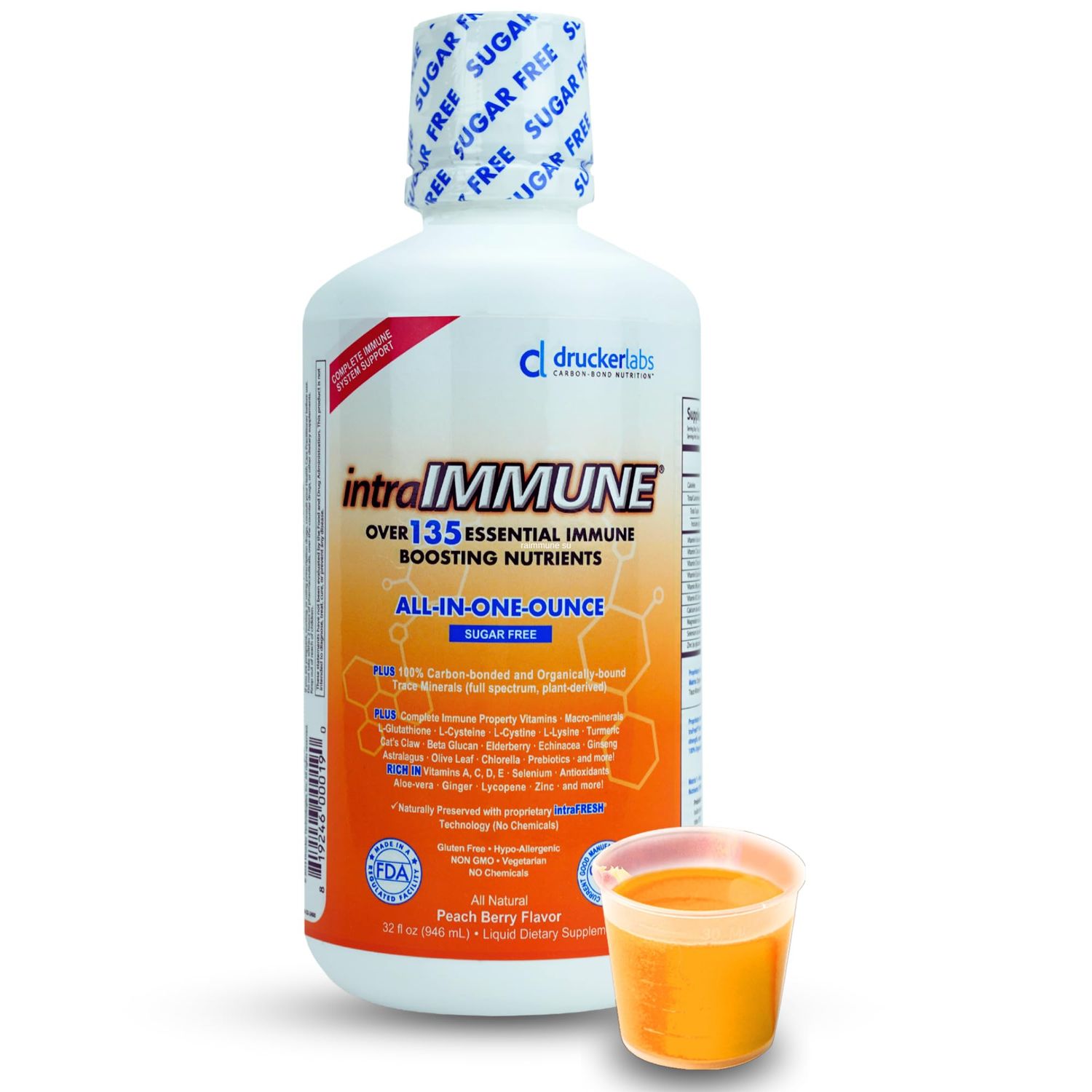 Drucker Labs -IntraIMMUNE Organic Liquid Daily Immune Defense Support, Multivitamin, Elderberry, Echinacea, Zinc, Vitamin D, C E, Vegan, Non GMO, Gluten Free (32 oz., Sugar Free Peach Berry)
