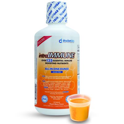 Drucker Labs -IntraIMMUNE Organic Liquid Daily Immune Defense Support, Multivitamin, Elderberry, Echinacea, Zinc, Vitamin D, C E, Vegan, Non GMO, Gluten Free (32 oz., Sugar Free Peach Berry)