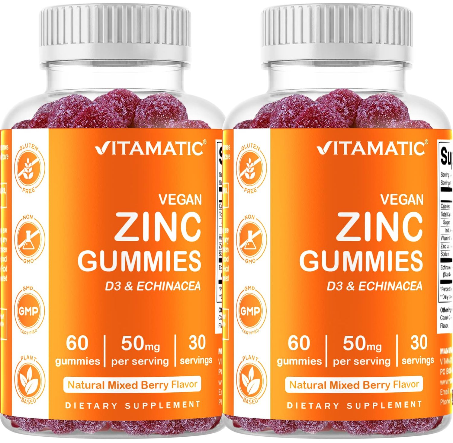 Vitamatic Zinc 50mg Gummies - 60 Vegan Gummies - Gluten-Free - 2 Pack (120 Gummies Total)