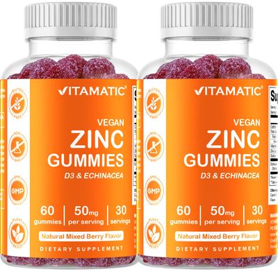 Vitamatic Zinc 50mg Gummies - 60 Vegan Gummies - Gluten-Free - 2 Pack (120 Gummies Total)