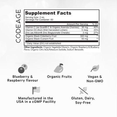 Codeage Elderberry Vitamins Pro - Organic Black Elderberry Liquid Drops - Vitamin C, Vitamin D3, Zinc, Black Currant - 2-Month Supply - Black Sambucus Liquid - Supplement for Adults Kids - 4 fl oz