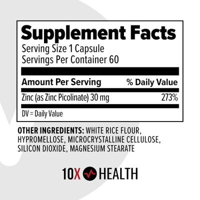 10X Health Zinc Supplements - Contains Zinc 30mg for DNA Protein Synthesis, Overall Wellness Immune Support Supplement - Highly Absorbable Vitamins (60 Capsules)