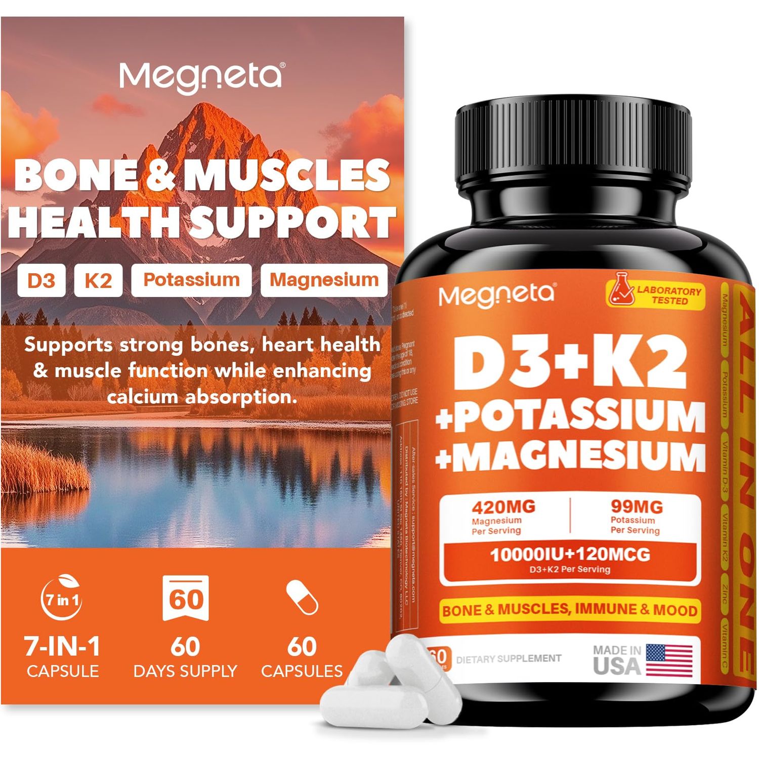 MEGNETA Vitamin D3 K2 10,000 IU Supplement with Magnesium Potassium - Supports Bone, Muscle Immune Health - Vegan,60 Capsules