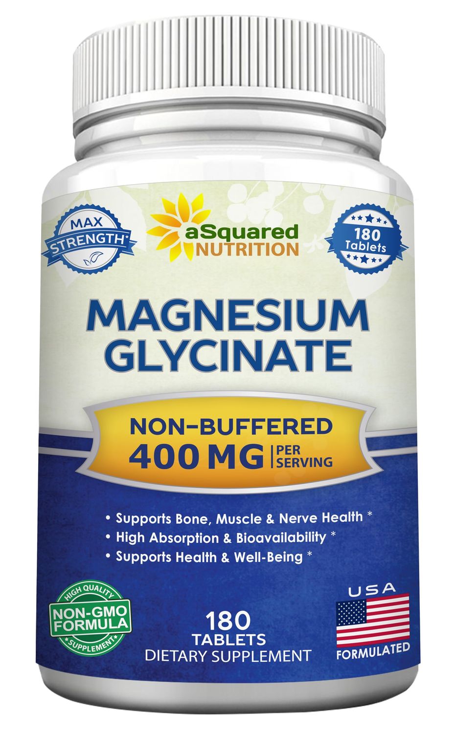 aSquared Nutrition Magnesium Glycinate 400mg - 180 Tablets - Max Strength Magnesium Bisglycinate Supplement -Maximum Bioavailability Absorption-Non-GMO -Not Buffered-Supports Muscles, Bones Heart