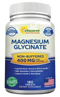 aSquared Nutrition Magnesium Glycinate 400mg - 180 Tablets - Max Strength Magnesium Bisglycinate Supplement -Maximum Bioavailability Absorption-Non-GMO -Not Buffered-Supports Muscles, Bones Heart