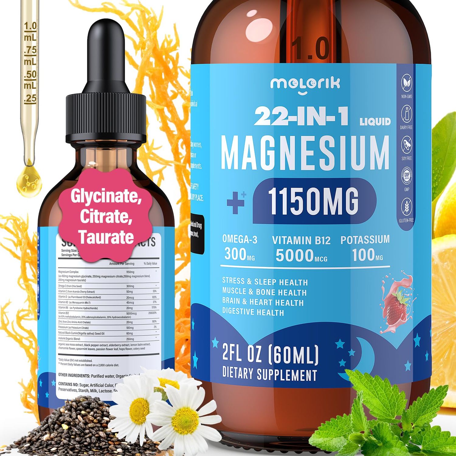 1150mg Magnesium Glycinate Liquid with Citrate, Taurate - 22 in 1 Triple Magnesium Complex Magnesium Drops with Omega3, 5000mcg Vitamin B12, B6, C, D, Zinc, Potassium for Night, Digestive, Strawberry