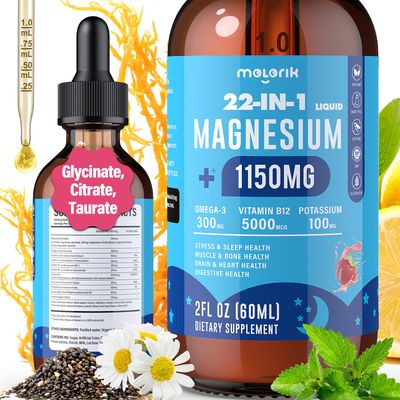 1150mg Magnesium Glycinate Liquid with Citrate, Taurate - 22 in 1 Triple Magnesium Complex Magnesium Drops with Omega3, 5000mcg Vitamin B12, B6, C, D, Zinc, Potassium for Night, Digestive, Strawberry