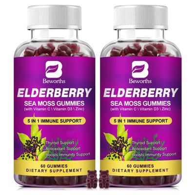 B BEWORTHS (2 Pack Elderberry Gummies Irish Sea Moss, Organic Sambucus Elderberry Gummy with Seamoss, Zinc, Vitamin C, D3, Multivitamin Elderberry Vitamins - Sugar-Free