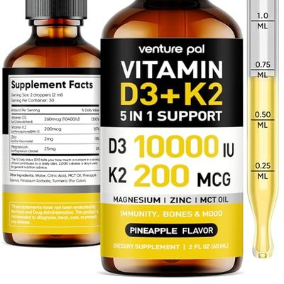 Venture Pal High-Potency Vitamin D3 10,000 IU 200 mcg K2 (MK-7) Liquid Drops with Magnesium, Zinc MCT Oil Immune System Health, Bone Support, Mood Improvement 2 Fl Oz Pineapple Supplement