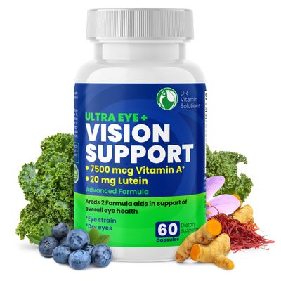 DR VITAMIN SOLUTIONS Vision Support Eye Vitamins for Macular Health Supplements with Lutein, Zinc, Vitamin A Bilberry Areds 2 Formula for Red Dry Eyes, Sight Care (1 Bottle, 60 Capsules)