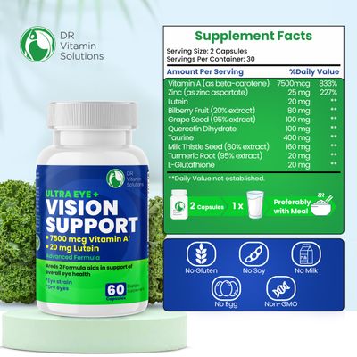 DR VITAMIN SOLUTIONS Vision Support Eye Vitamins for Macular Health Supplements with Lutein, Zinc, Vitamin A Bilberry Areds 2 Formula for Red Dry Eyes, Sight Care (1 Bottle, 60 Capsules)