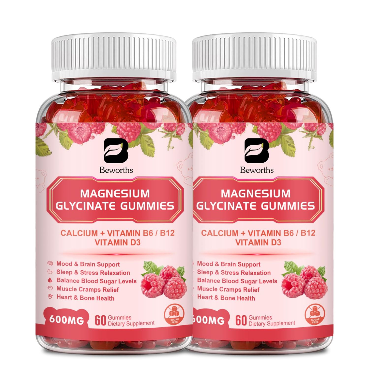(2 Pack) 600 Mg Magnesium Glycinate Gummies, Magnesium Supplement Complex Magnesium Malate, Magnesium Citrate Potassium, Supports Night Joint, Energy Boost, Vegan 0-Sugar, Raspberry 120 Count