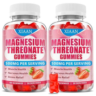 XIAAN Magnesium L-Threonate Gummies 500mg, Suagr-Free Magnesium Threonate Supplement for Kids Adults Muscle Nervous Health Support, Strawberry Flavor 120 Count