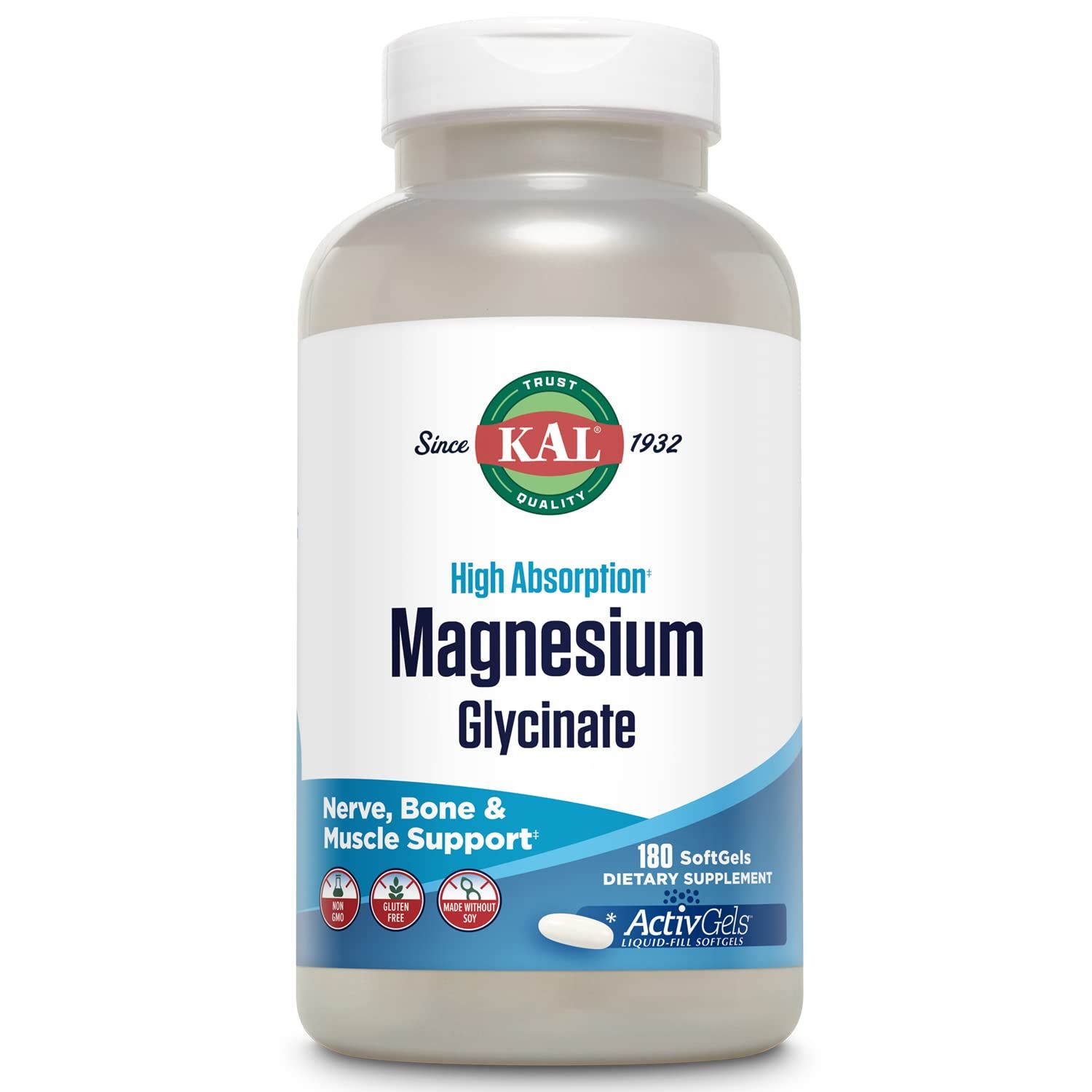 KAL Magnesium Glycinate ActivGels 315mg, Fully Chelated, High Absorption Magnesium Supplement for Relaxation, Muscle Bone Support, Non-GMO, Gluten Free, 60 Servings, 180 Softgels