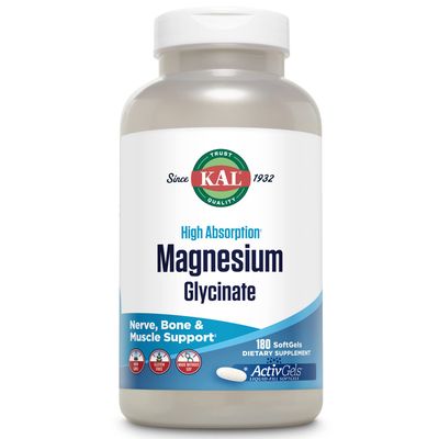 KAL Magnesium Glycinate ActivGels 315mg, Fully Chelated, High Absorption Magnesium Supplement for Relaxation, Muscle Bone Support, Non-GMO, Gluten Free, 60 Servings, 180 Softgels