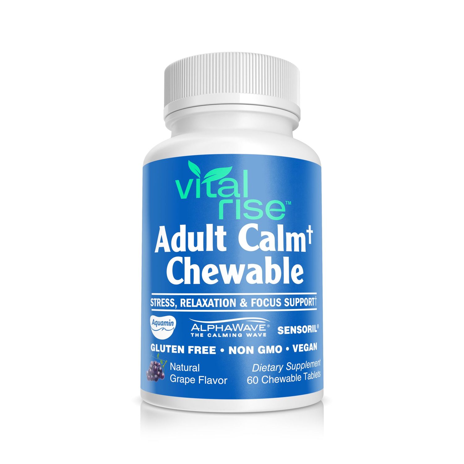 Vital Rise Magnesium Ashwagandha Chewable Tablets for Adults - High Absorption Magnesium Stress Support Supplement - Gluten-Free, Vegan, Non-GMO, Grape-Flavored (60 Count)