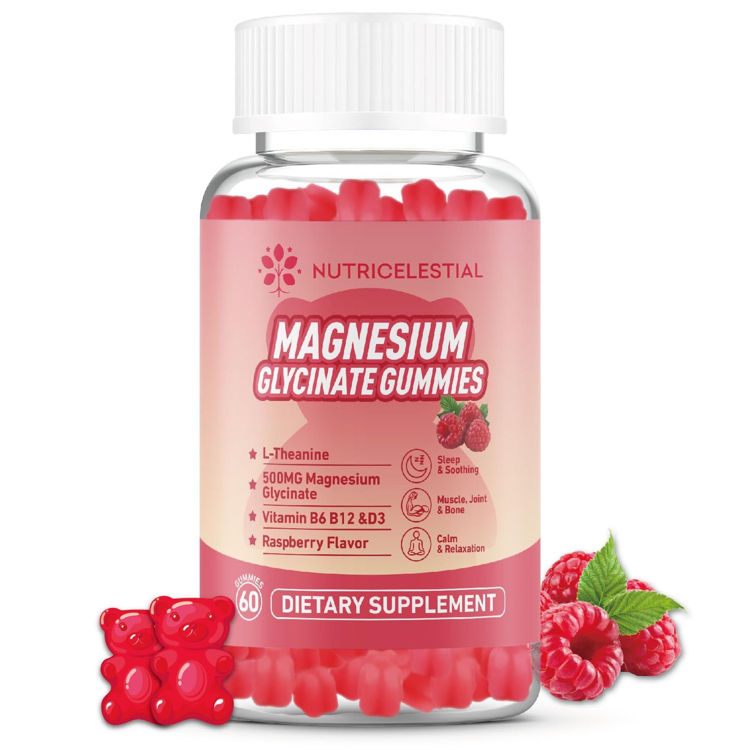 NUTRICELESTIAL Magnesium Glycinate Gummies 500mg, High Absorption Magnesium Supplement, Suitable for Adults, Sugar-Free, Gelatin-Free, Vegan Friendly, Non-GMO, 60 Raspberry-Flavored Gummies