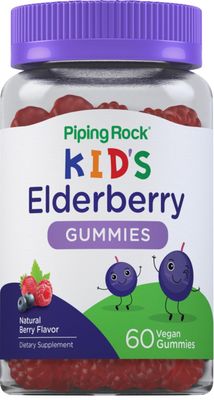 Piping Rock Kids Elderberry Gummies 60 Count with Vitamin C and Zinc Berry Flavor Vitamins Vegan, Non-GMO, Gluten Free Supplement