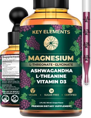 Liquid Magnesium L-Threonate with Magnesium Glycinate for Sleep Ashwagandha with L Theanine and Vitamin D3 Magnesium Supplement Ashwagandha and Magnesium with L-Theanine