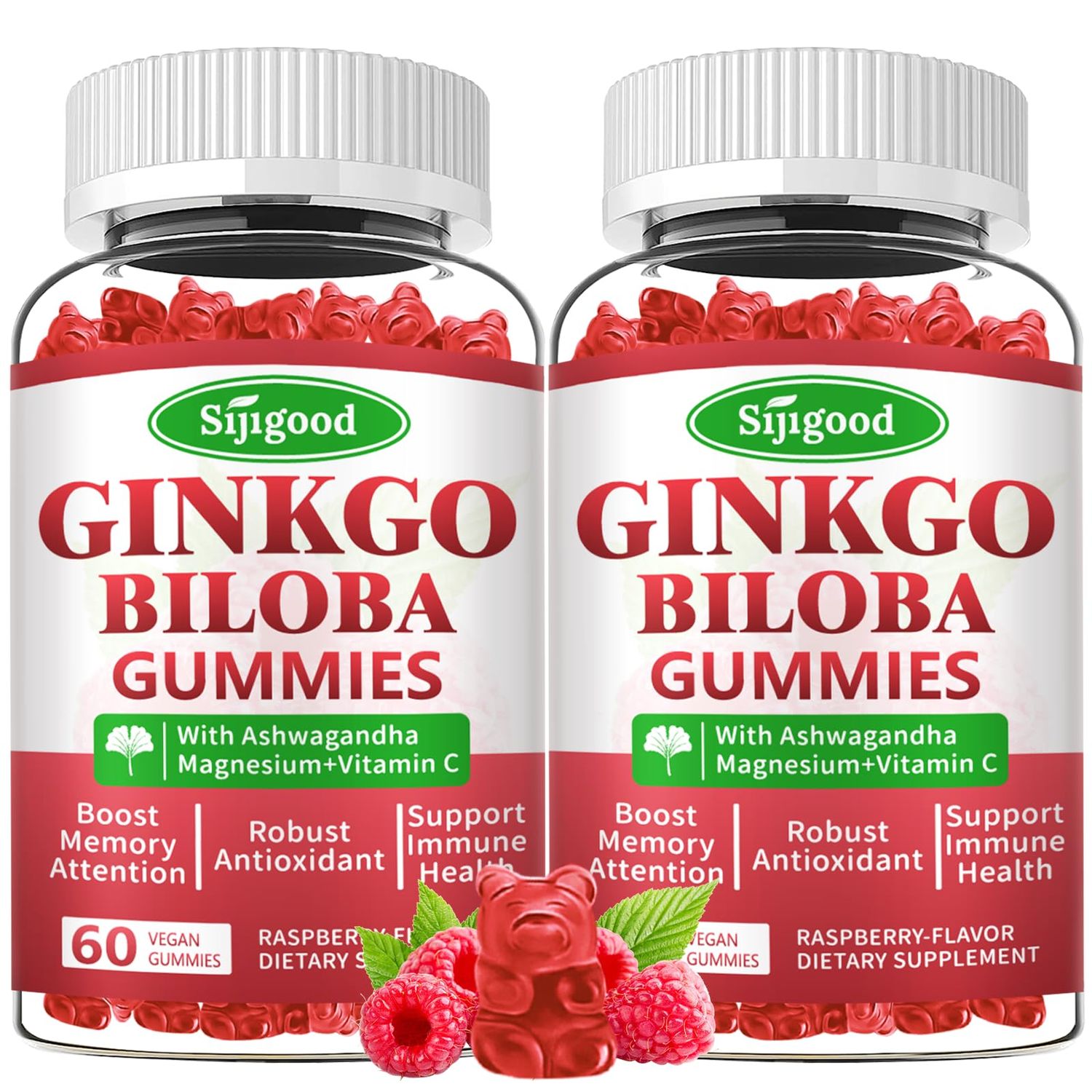 Sijigood 2 Pack Ginkgo Biloba Gummies with Panax Ginseng and Magnesium, Ginkgo Biloba Supplements for Focus, Memory, and Brain Health for Adults Kids, Vegan Raspberry Flavor Gummies, 120 Count