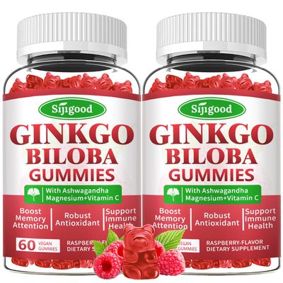 Sijigood 2 Pack Ginkgo Biloba Gummies with Panax Ginseng and Magnesium, Ginkgo Biloba Supplements for Focus, Memory, and Brain Health for Adults Kids, Vegan Raspberry Flavor Gummies, 120 Count