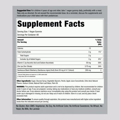 Piping Rock Kids Elderberry Gummies 60 Count with Vitamin C and Zinc Berry Flavor Vitamins Vegan, Non-GMO, Gluten Free Supplement