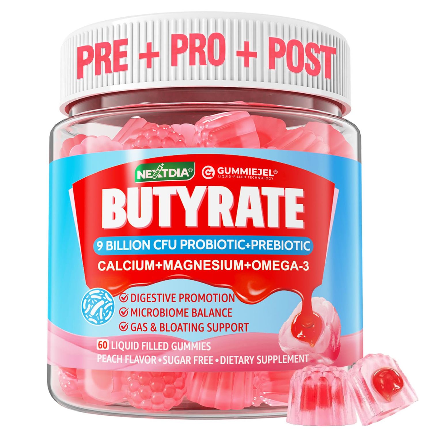 Butyrate Gummies with Probiotic Prebiotic Postbiotic, Omega-3 500mg,Fiber with 9 Billion CFU Probiotics, Calcium Magnesium, Inulin,Psyllium Husk for Digestive Health,Bloating Support,Sugar Free