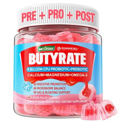 Butyrate Gummies with Probiotic Prebiotic Postbiotic, Omega-3 500mg,Fiber with 9 Billion CFU Probiotics, Calcium Magnesium, Inulin,Psyllium Husk for Digestive Health,Bloating Support,Sugar Free