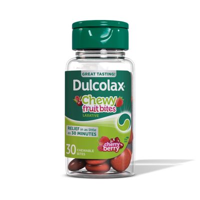 Dulcolax Saline Laxative Chewy Fruit Bites, Fast-Acting Laxative Gentle Constipation Relief, Cherry Berry Flavor, Magnesium Hydroxide 600 mg, 30 Count