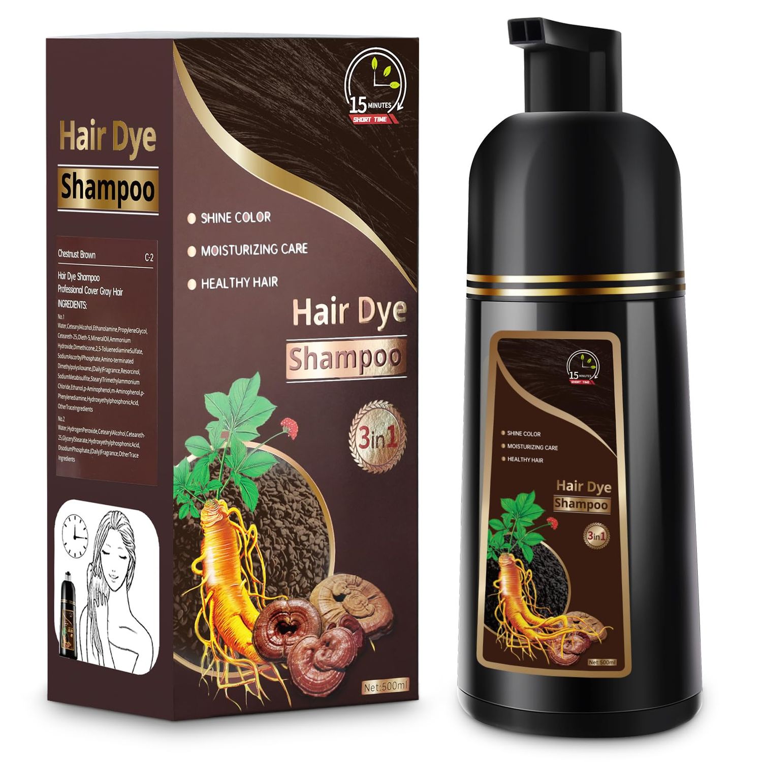 ZSMIDU Hair Dye Shampoo 3 in 1 for Gray Hair, Herbal Color Shampoo Hair Dye for Women Men, Grey Coverage Shampoo 500ml (Chestnut Brown)