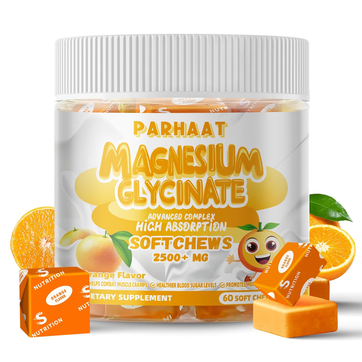Magnesium Glycinate Soft Chews, Orange Flavor.Chewable Sugar Free Potassium Magnesium Chews with Magnesium Glycinate, Vitamin D, B6, and CoQ10 for Calm Support Sleep for Adults, 60 Days Supply